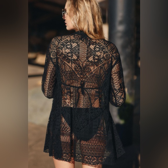 ANTHROPOLOGIE Black Lace Buttondown, Size XL - Picture 2 of 9